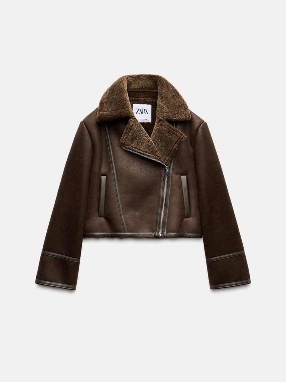 Zara Dark Brown Faux Suede Shearling Aviator Cropped Jacket